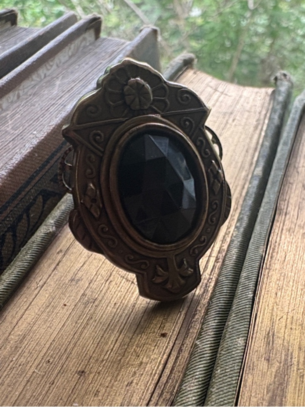 Jan Michaels Black Stone Victorian Style Ring in Brass Tone adjustable
